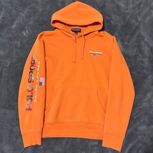 Polo Ralph Lauren Sport Orange Madras Plaid Spell Out Fleece Hoodie Mens Medium